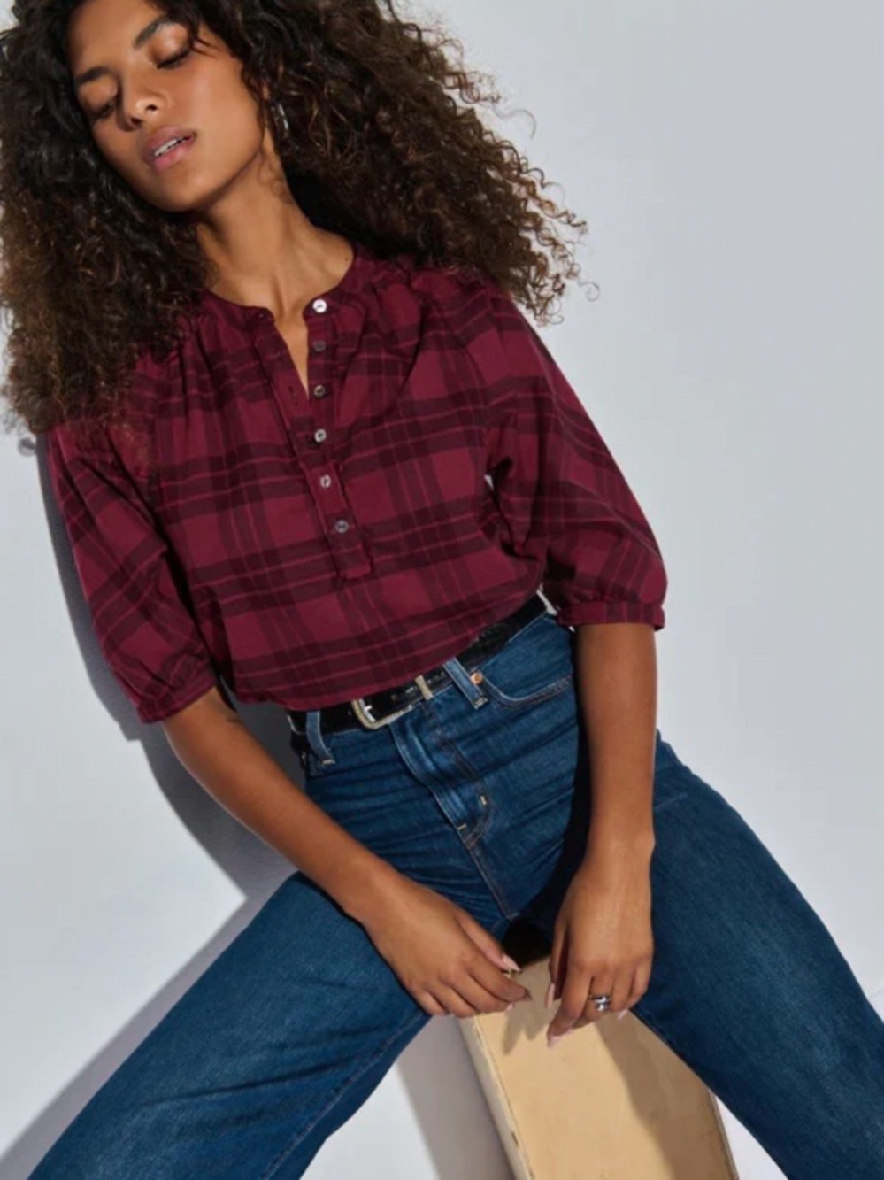 NEW Nation LTD 100% Pima Cotton May Party Plaid Puff Sleeve Top size XS
